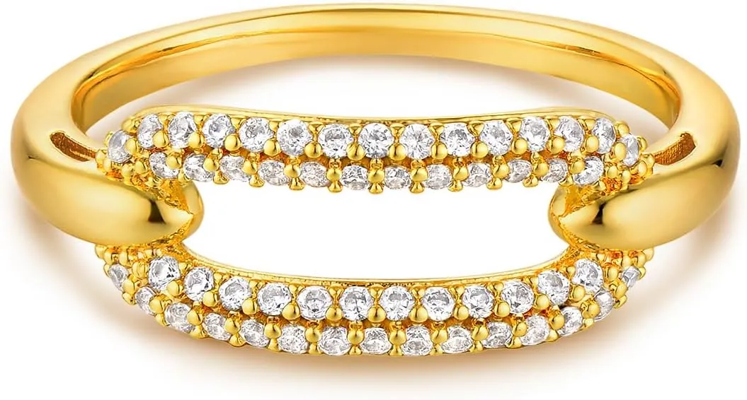 Gold Ring for Women Paperclip Cubic Zirconia 14K Gold Plated Minimalist Stack Thin Band Finger Jewelry Size 6-8