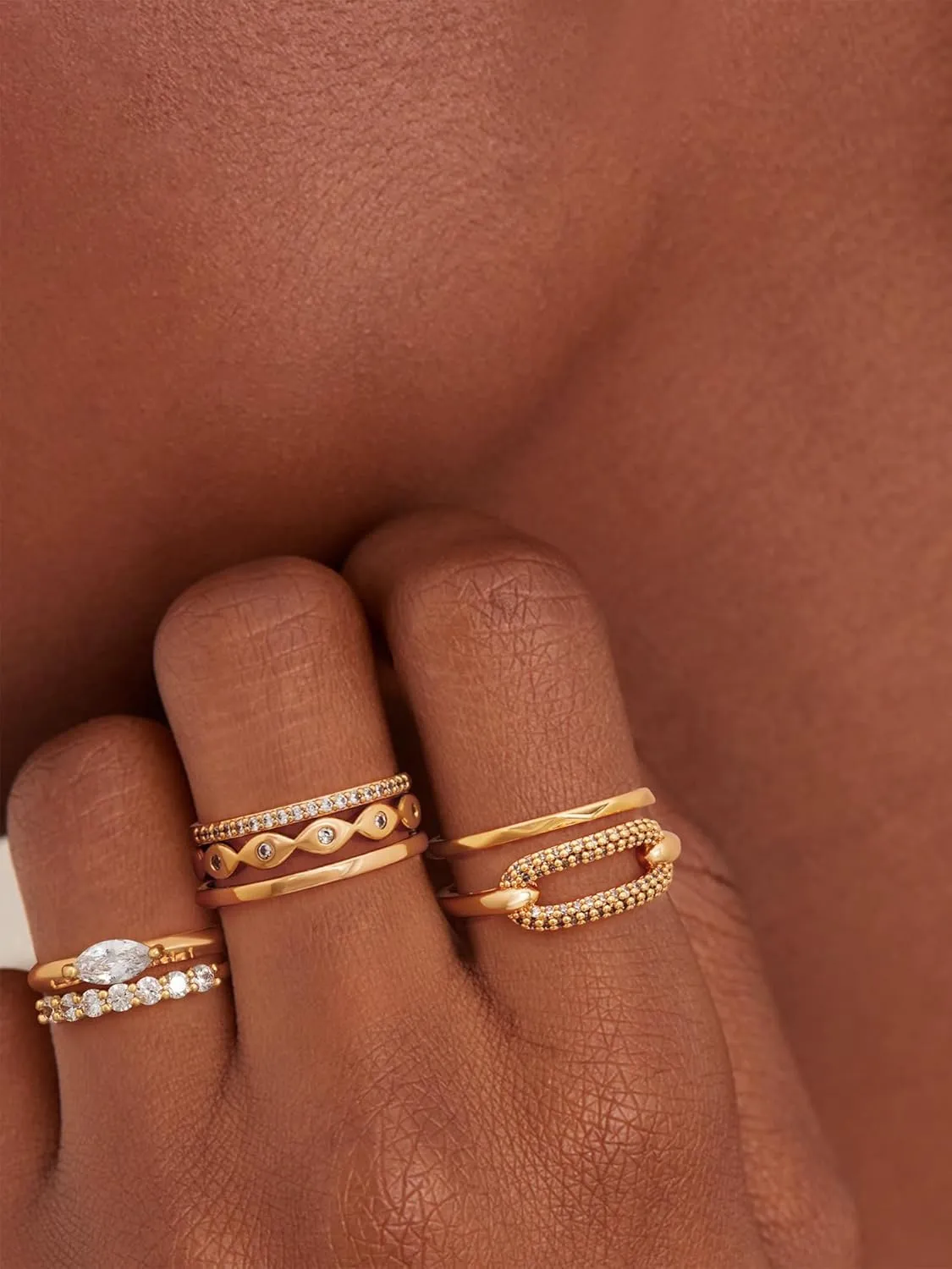 Gold Ring for Women Paperclip Cubic Zirconia 14K Gold Plated Minimalist Stack Thin Band Finger Jewelry Size 6-8