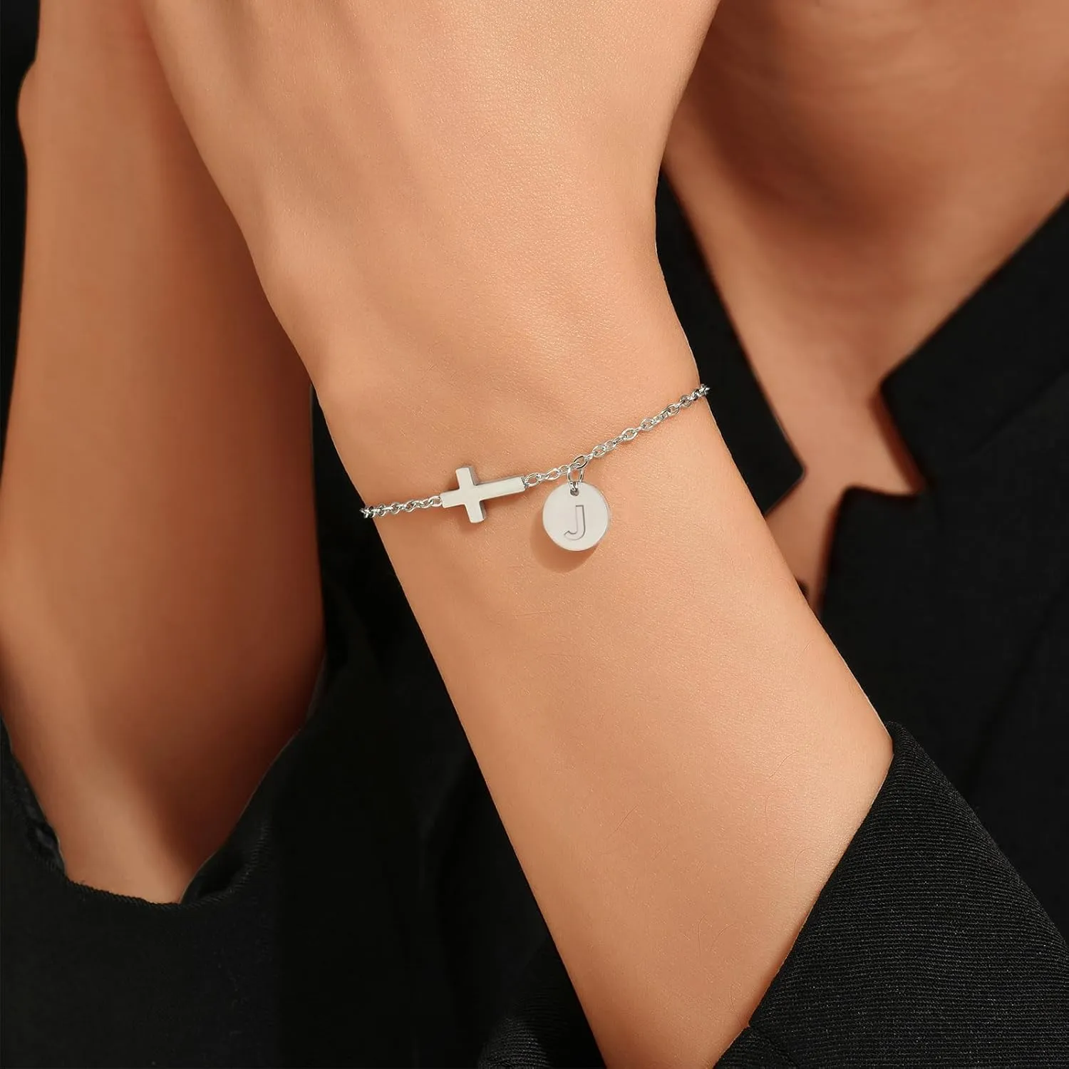 Gold&Silver Plated Cross Bracelet for Women | Adjustable Religious Jewelry Gift with Initial Charm (A-Z) | Christian Baptism, Easter, Birthday Gift for Her