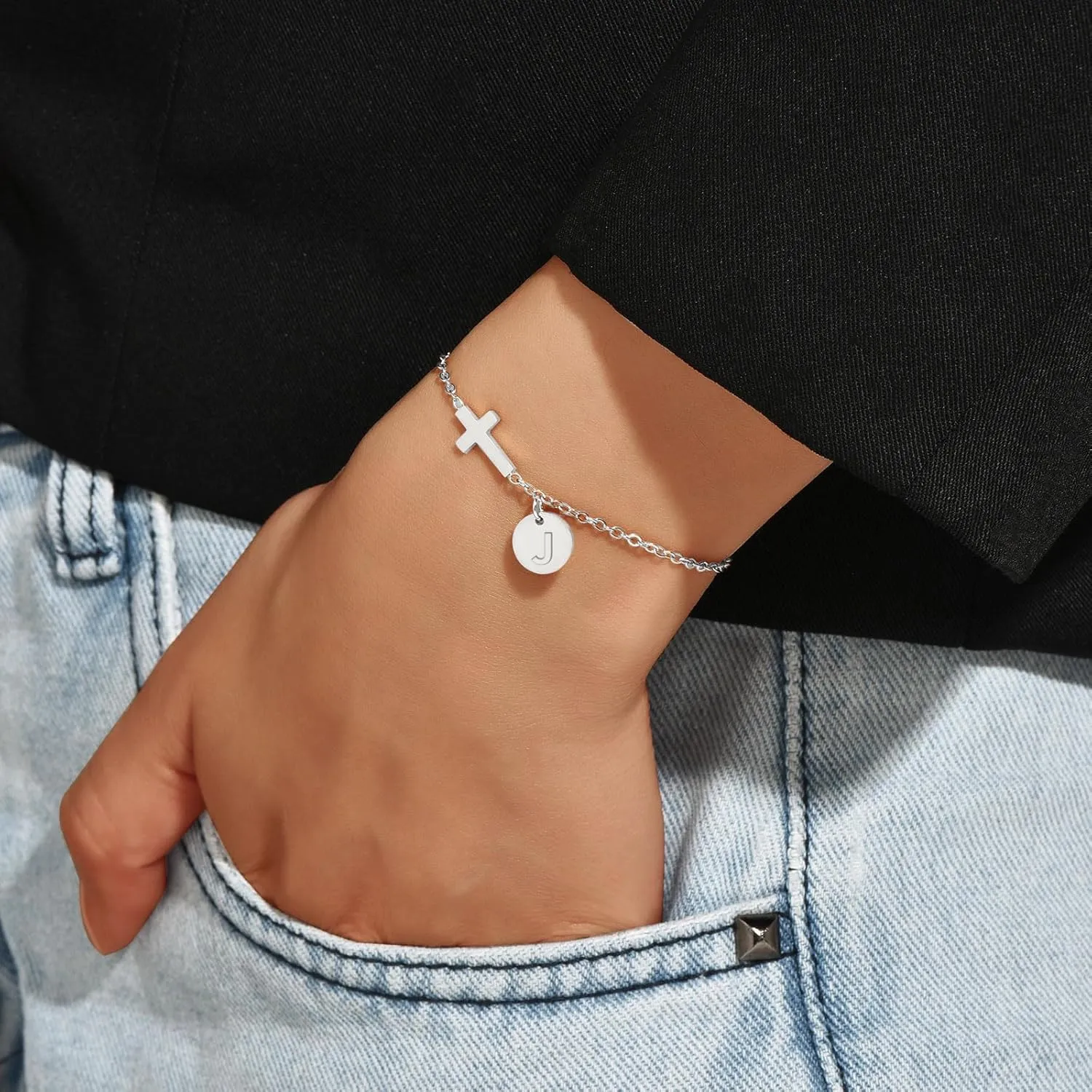 Gold&Silver Plated Cross Bracelet for Women | Adjustable Religious Jewelry Gift with Initial Charm (A-Z) | Christian Baptism, Easter, Birthday Gift for Her