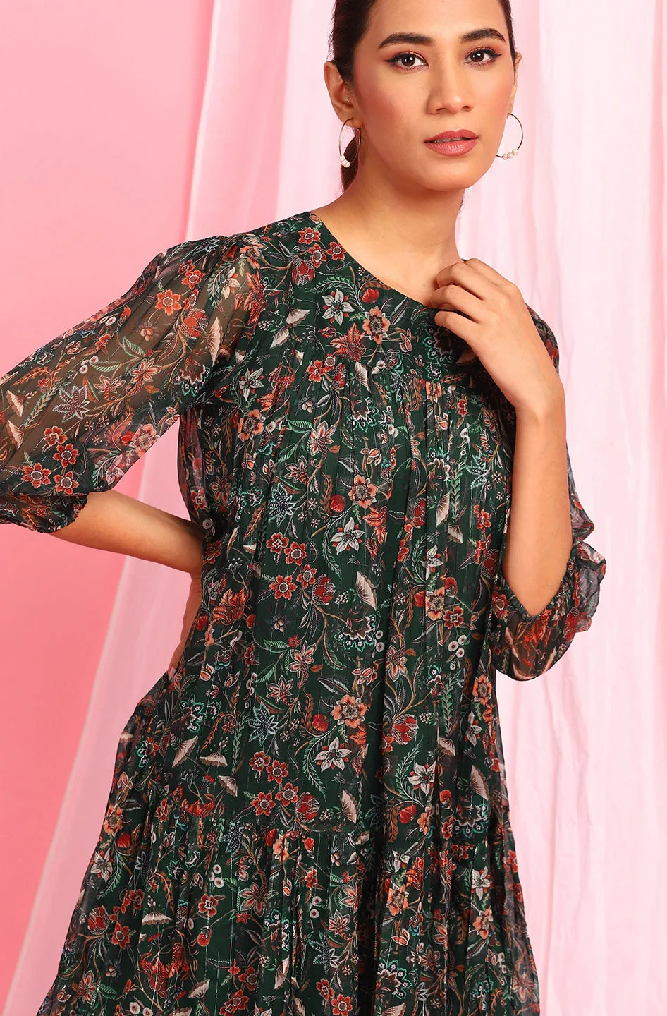 Green Poly Georgette Western Dress