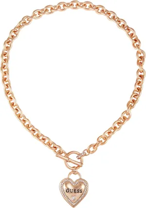 GUESS Goldtone Dangle Heart Logo Charm Toggle Chain Necklace