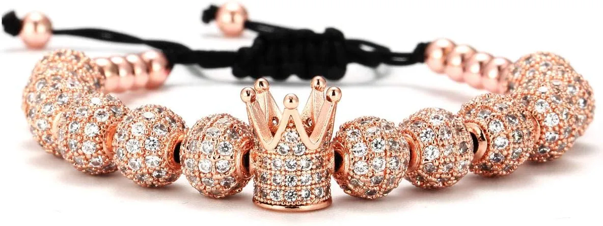 GVUSMIL Imperial Gold Crown 8mm Beads Bracelets Luxury CZ Italian Style Charm King Royal Bracelet for Men