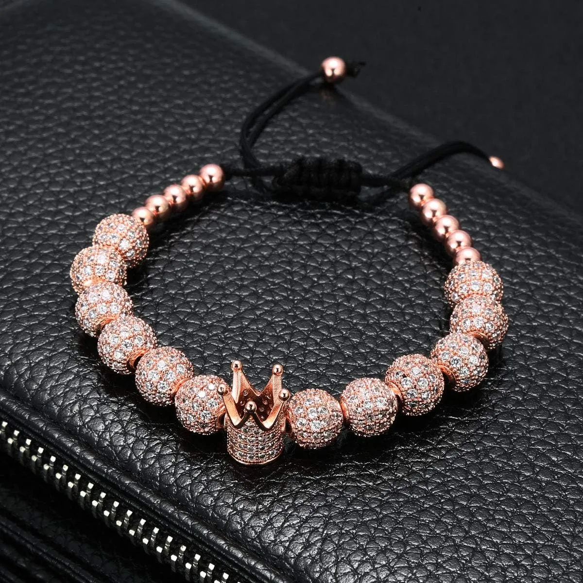 GVUSMIL Imperial Gold Crown 8mm Beads Bracelets Luxury CZ Italian Style Charm King Royal Bracelet for Men