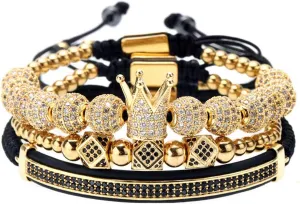 GVUSMIL Luxury CZ Imperial Gold Crown Bracelets Set King Royal Style with 8mm Zirconia Beads Braided Pulseira Bangle Charm Jewelry for Men