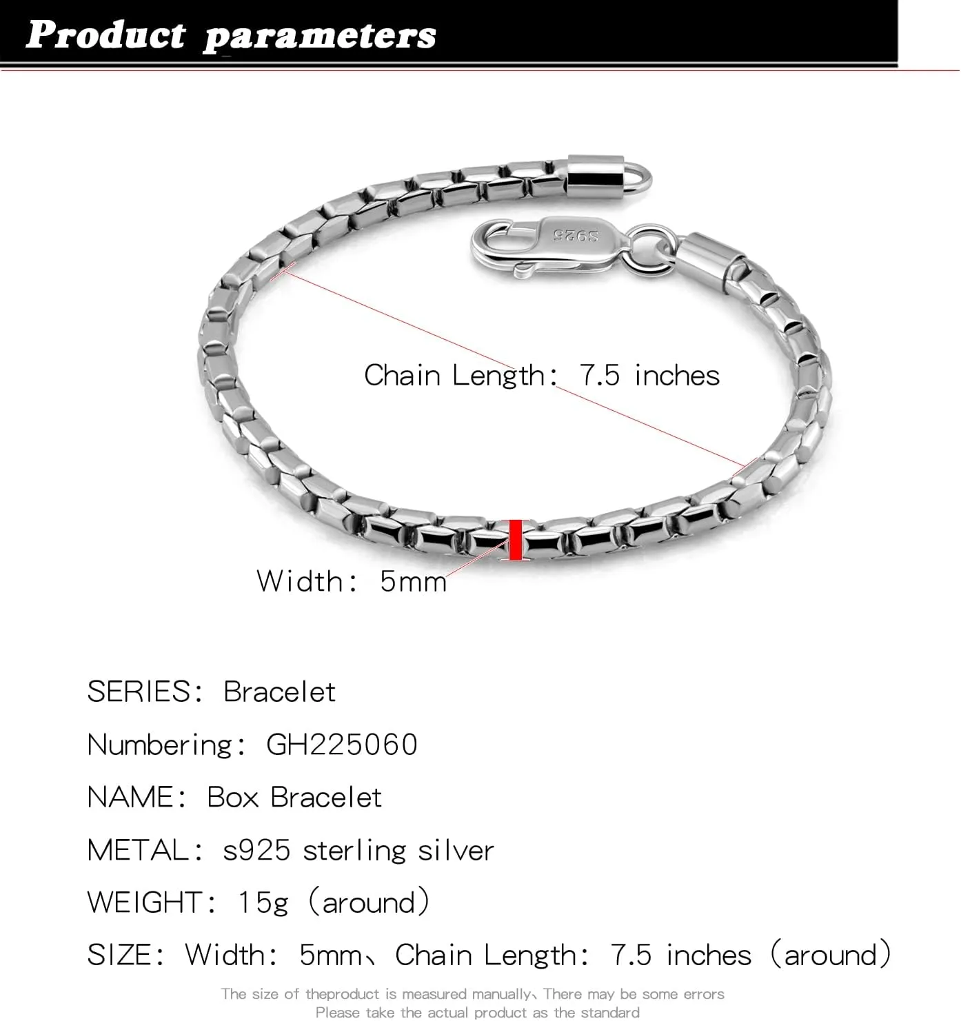 H&Beautimer Punk Men Box chain Bracelet 925 Sterling Silver 4.5mm-6.5 "7 "7.5" 7.5" 8" 8.5" 9" Solid Cuff Chain Bangle Link For Boys Fashion Jewelry Gift