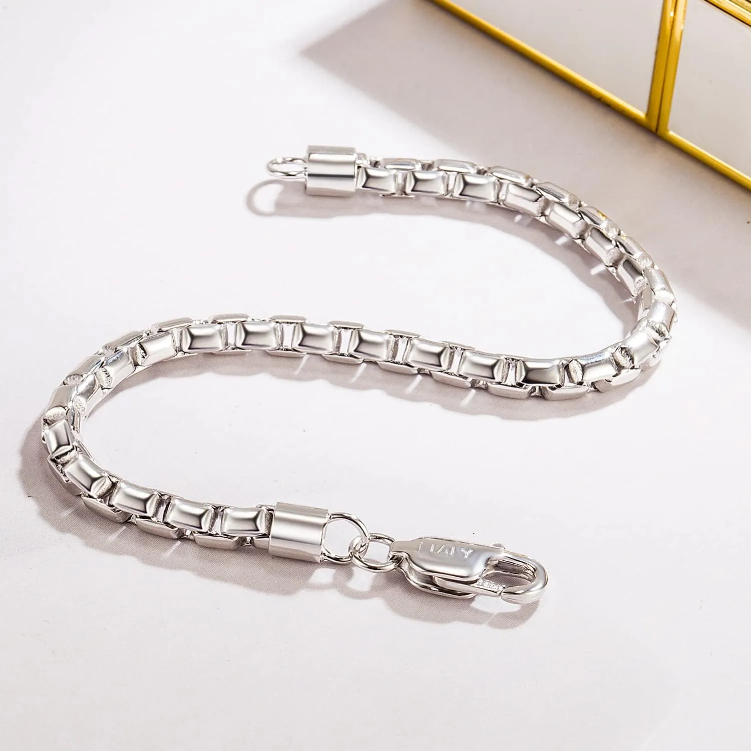 H&Beautimer Punk Men Box chain Bracelet 925 Sterling Silver 4.5mm-6.5 "7 "7.5" 7.5" 8" 8.5" 9" Solid Cuff Chain Bangle Link For Boys Fashion Jewelry Gift