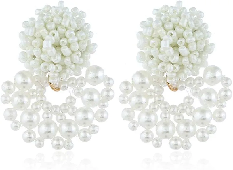 Handmade Beaded Earrings Bohemian Statement Drop Bead Earrings with Rattan Imitation pearls for Women Party Gift.