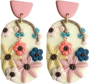 Handmade Polymer Clay Soft Pottery Carved Flower Dangle Earrings Mottled Sweet Lovely Geometric Rainbow Drop Earrings for Women Statement Jewelry