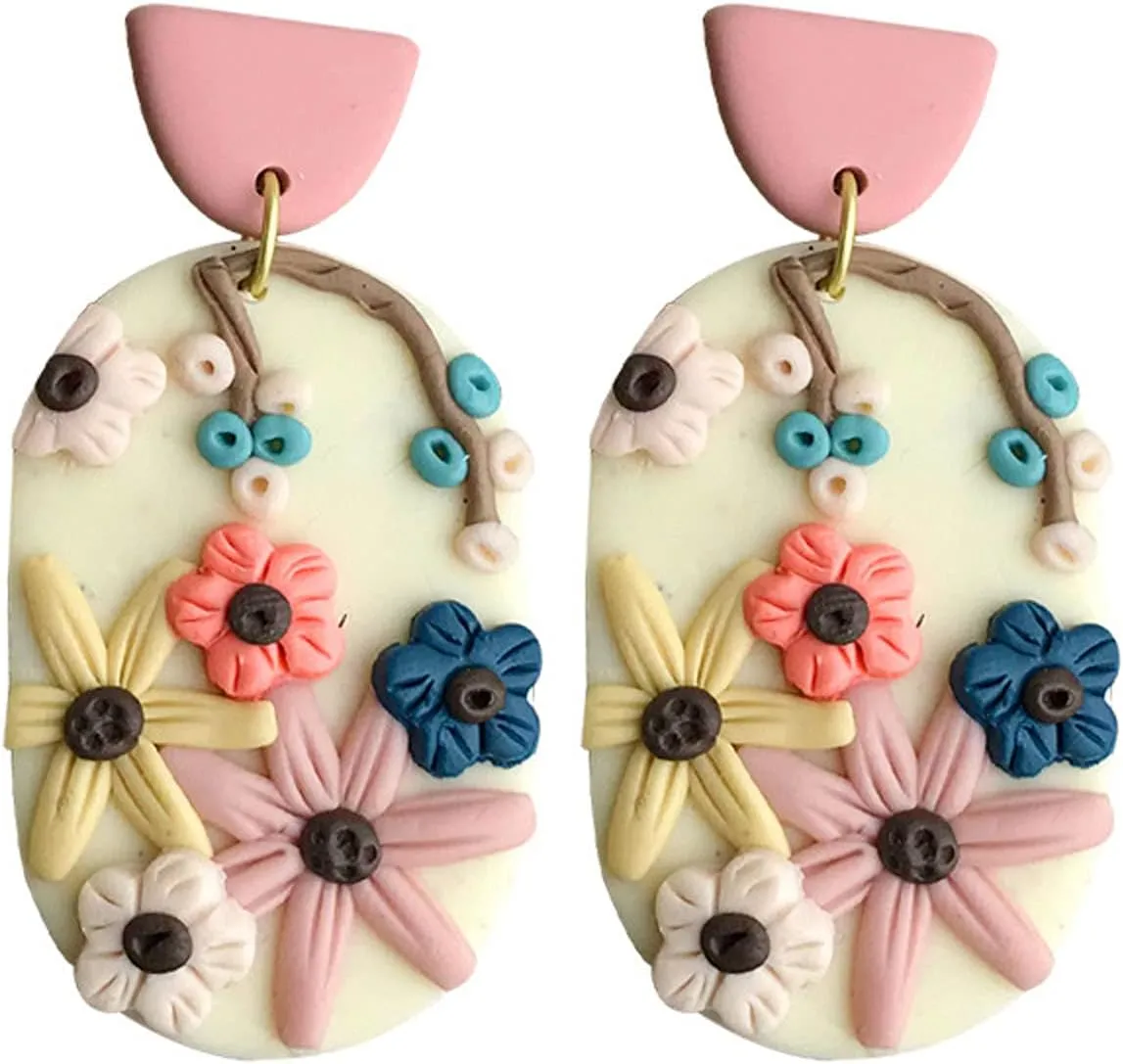 Handmade Polymer Clay Soft Pottery Carved Flower Dangle Earrings Mottled Sweet Lovely Geometric Rainbow Drop Earrings for Women Statement Jewelry