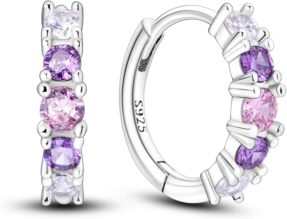Hapour Purple Earrings for Women Teen, 925 Sterling Silver Huggies Hoop Earrings with Pink Purple Cubic Zirconia, Small Size, Hypoallergenic Fashion Lightweight Earrings