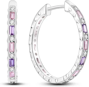 Hapour Tiny Rainbow Hoop Earrings 925 Sterling Silver | Inlaid Colorful Cubic Zirconia Huggie Earrings for Women Teen as Birthday Gift-Princess Pink Purple Big Earrings