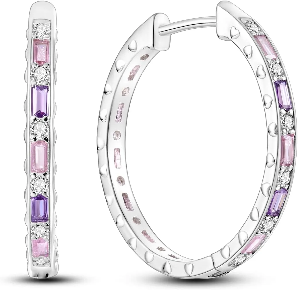 Hapour Tiny Rainbow Hoop Earrings 925 Sterling Silver | Inlaid Colorful Cubic Zirconia Huggie Earrings for Women Teen as Birthday Gift-Princess Pink Purple Big Earrings