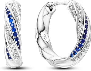 Hapour Twisted Earrings for Women Teen, Sterling Silver Small Huggies Hoop Earrings with White Blue Cubic Zirconia, Hypoallergenic Fashion Lightweight Jewelry