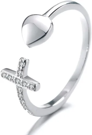 Heart Cross Rings for Women Mother Daughter Cubic Zirconia Adjustable Rings Pray Inspirational Silver Cross Rings Christian Faith Jewelry Valentines Day Gifts