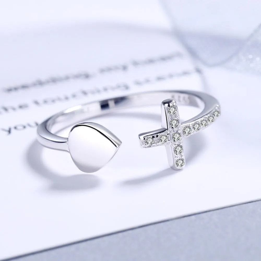 Heart Cross Rings for Women Mother Daughter Cubic Zirconia Adjustable Rings Pray Inspirational Silver Cross Rings Christian Faith Jewelry Valentines Day Gifts