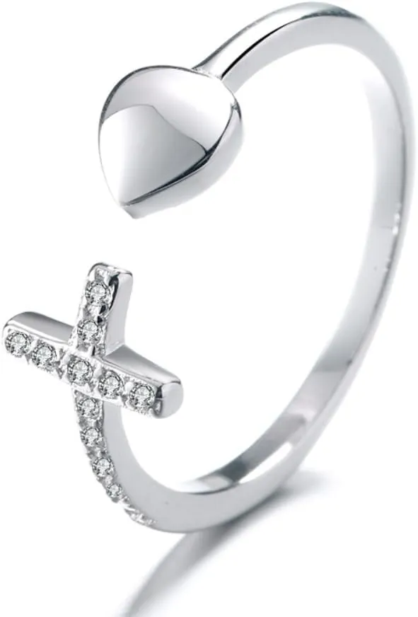 Heart Cross Rings for Women Mother Daughter Cubic Zirconia Adjustable Rings Pray Inspirational Silver Cross Rings Christian Faith Jewelry Valentines Day Gifts
