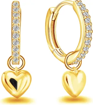 Heart Hoop Earrings for Women Gold Plated Sterling Silver CZ Heart Love Dangle Hoop Earrings Small Tiny Cubic Zirconia Dangling Huggie Jewelry Hypoallergenic Cuff Cartilage Earring for Mom Birthday