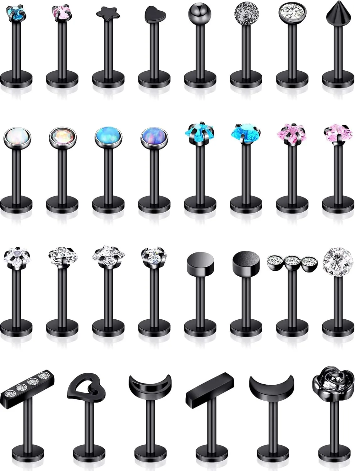 Hicarer 30 Pcs Stainless Steel Lip Studs Labret Lip Rings Cartilage Tragus Piercing Jewelry for Women Party Wear or Clothes Matching 16 g