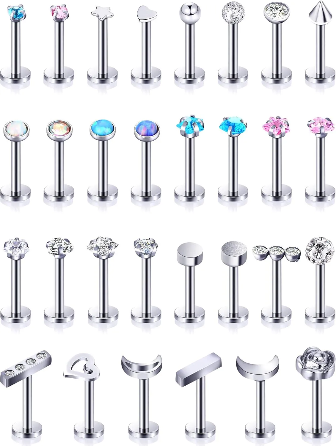 Hicarer 30 Pcs Stainless Steel Lip Studs Labret Lip Rings Cartilage Tragus Piercing Jewelry for Women Party Wear or Clothes Matching 16 g