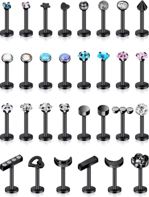 Hicarer 30 Pcs Stainless Steel Lip Studs Labret Lip Rings Cartilage Tragus Piercing Jewelry for Women Party Wear or Clothes Matching 16 g