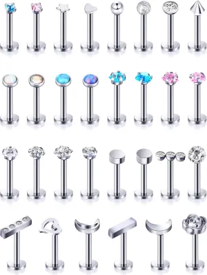 Hicarer 30 Pcs Stainless Steel Lip Studs Labret Lip Rings Cartilage Tragus Piercing Jewelry for Women Party Wear or Clothes Matching 16 g
