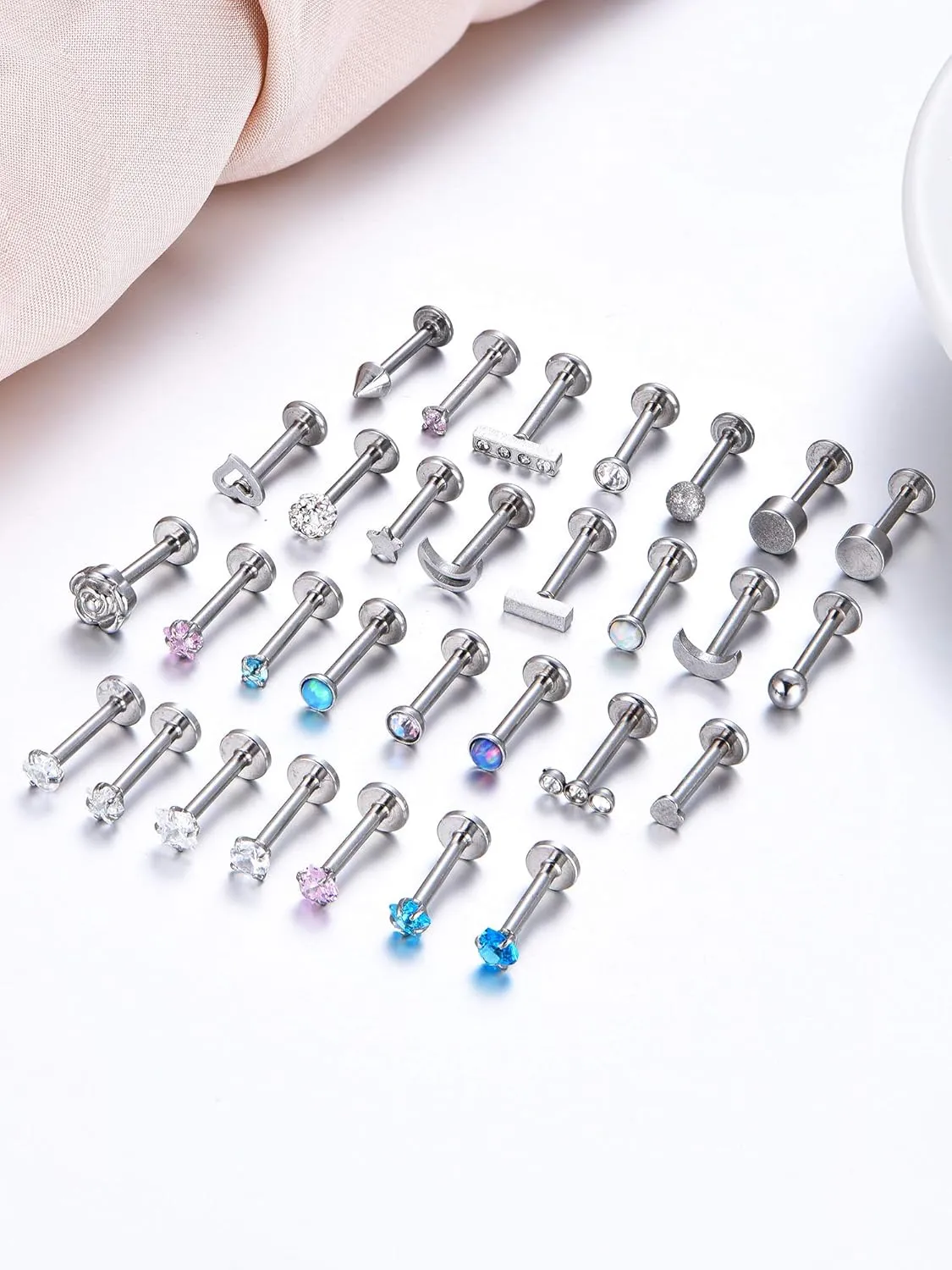 Hicarer 30 Pcs Stainless Steel Lip Studs Labret Lip Rings Cartilage Tragus Piercing Jewelry for Women Party Wear or Clothes Matching 16 g