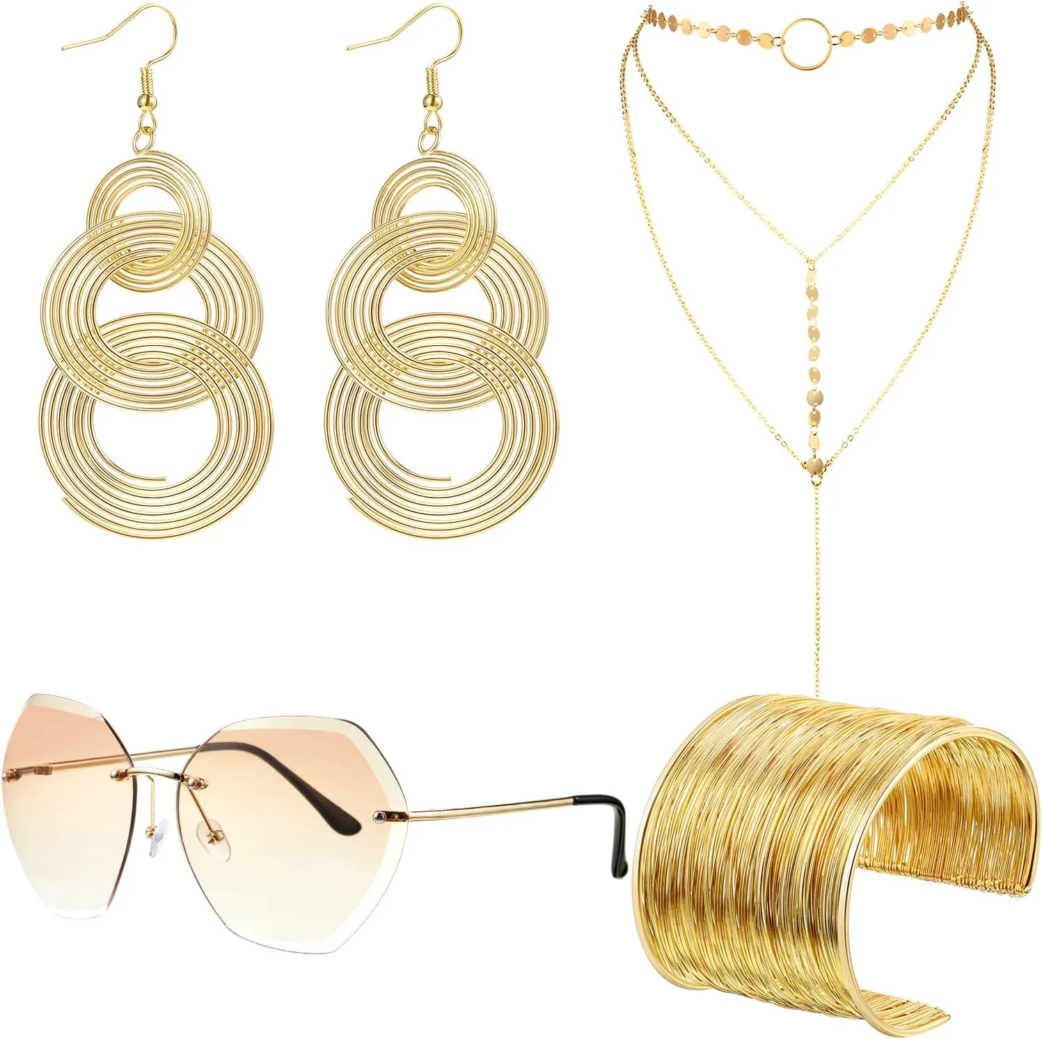 Hicarer 70s Jewelry Disco Accessories Set for Women Men Diamond Sunglasses Wire Bracelets Layered Necklace Triple Swirl Earrings