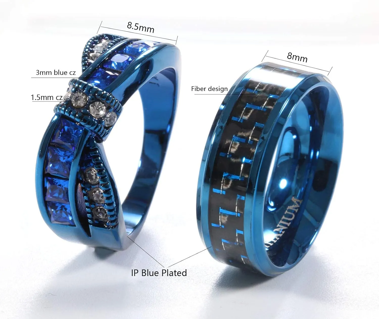 His and Her Couple Rings - Blue Titanium Steel Wedding Bands