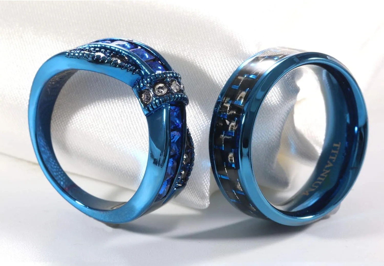 His and Her Couple Rings - Blue Titanium Steel Wedding Bands
