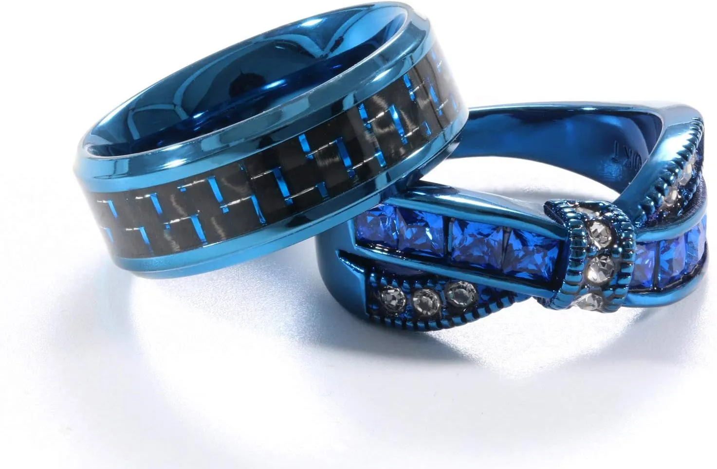 His and Her Couple Rings - Blue Titanium Steel Wedding Bands