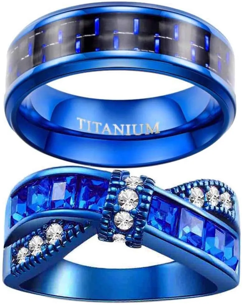 His and Her Couple Rings - Blue Titanium Steel Wedding Bands