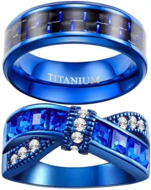 His and Her Couple Rings - Blue Titanium Steel Wedding Bands