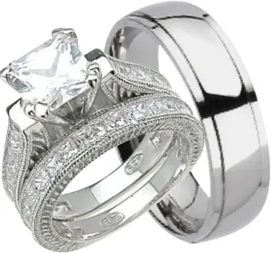 His and Hers TRIO Wedding Ring Set 3 PCS Couples Rings Bride Groom Band Him Her