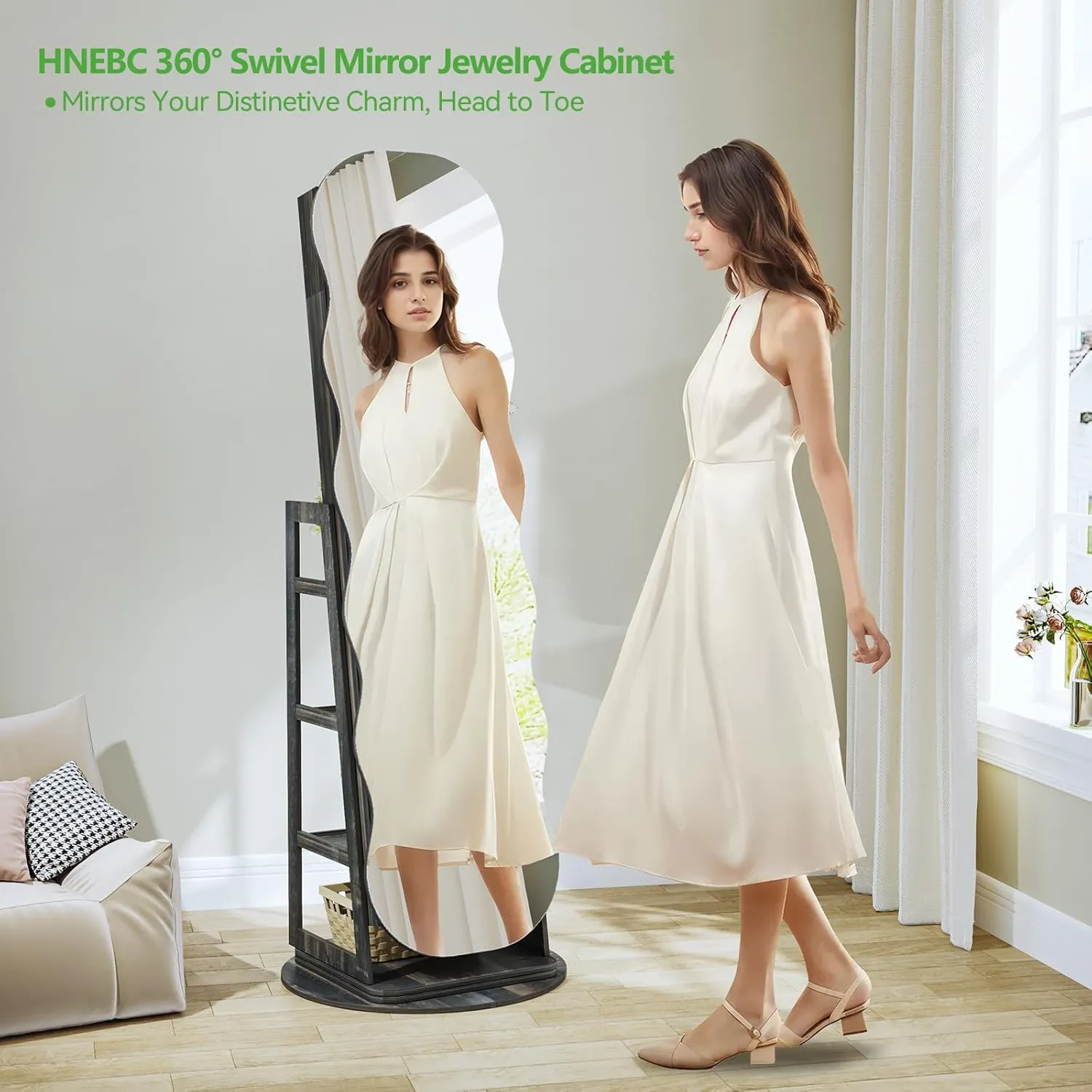 HNEBC 360 Swivel Jewelry Cabinet with Lights, LED Jewelry Armoire with Mirror, Wavy Wide Full-Length Mirror with Storage, Lockable Mirror Jewelry Cabinet Standing (Rustic Brown)