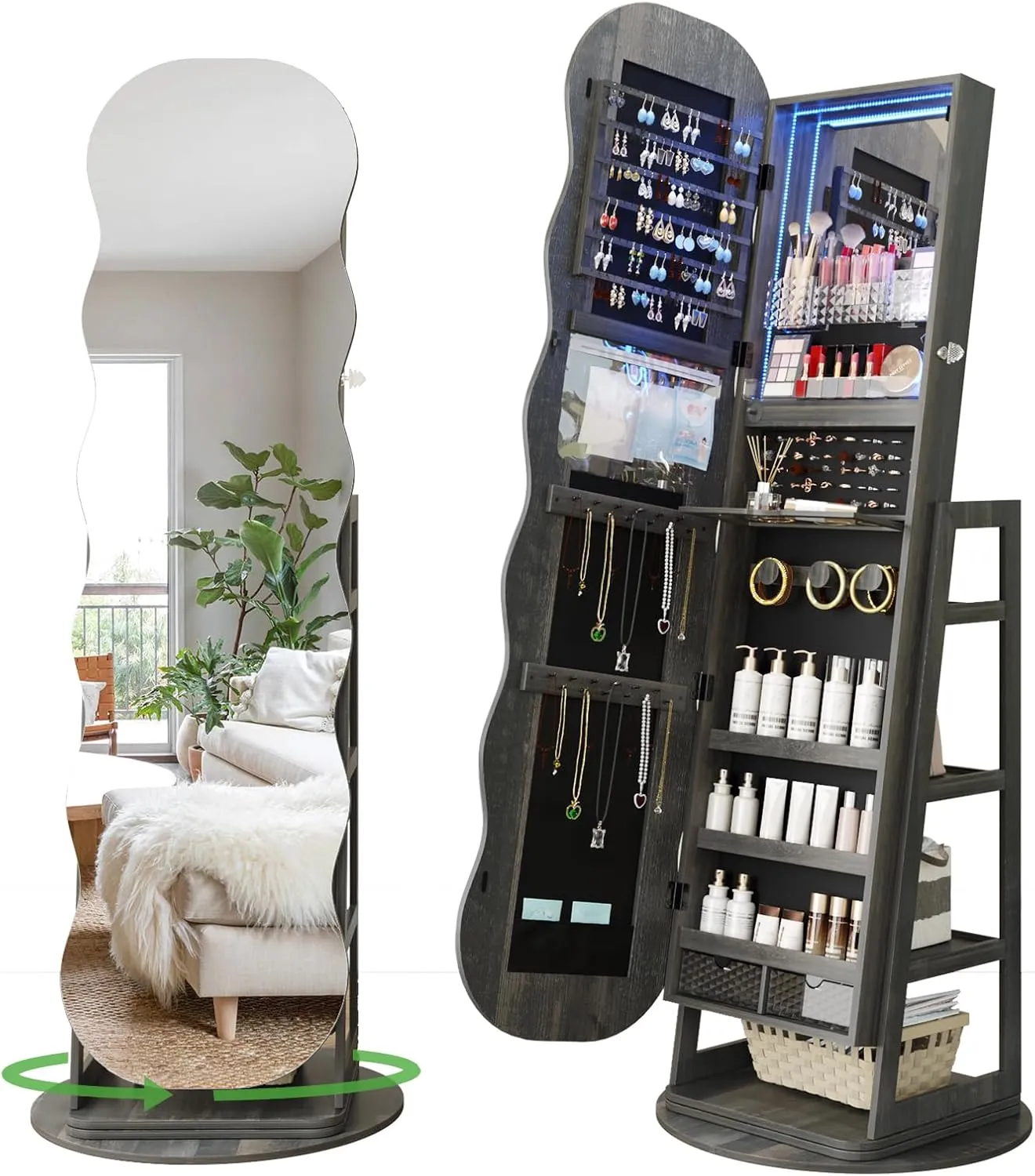 HNEBC 360 Swivel Jewelry Cabinet with Lights, LED Jewelry Armoire with Mirror, Wavy Wide Full-Length Mirror with Storage, Lockable Mirror Jewelry Cabinet Standing (Rustic Brown)
