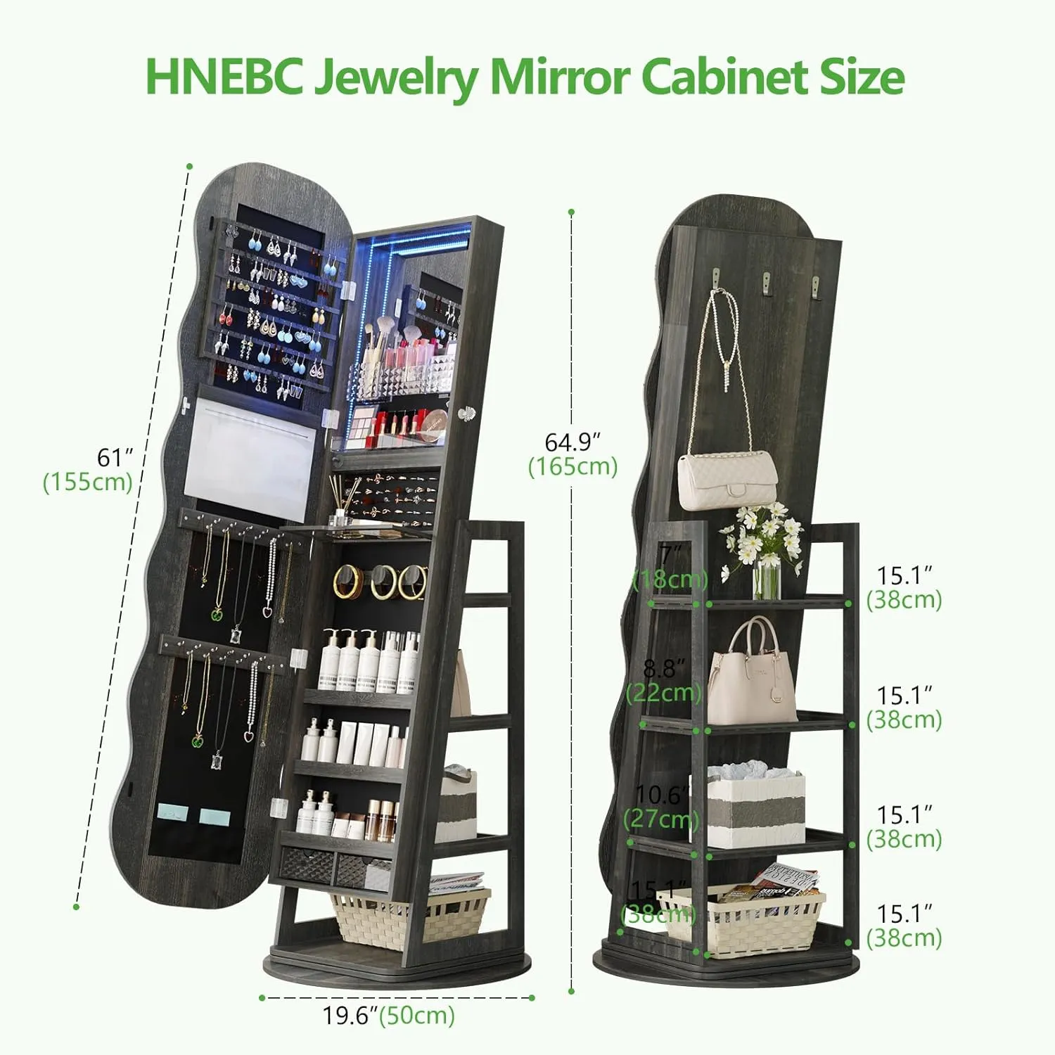HNEBC 360 Swivel Jewelry Cabinet with Lights, LED Jewelry Armoire with Mirror, Wavy Wide Full-Length Mirror with Storage, Lockable Mirror Jewelry Cabinet Standing (Rustic Brown)