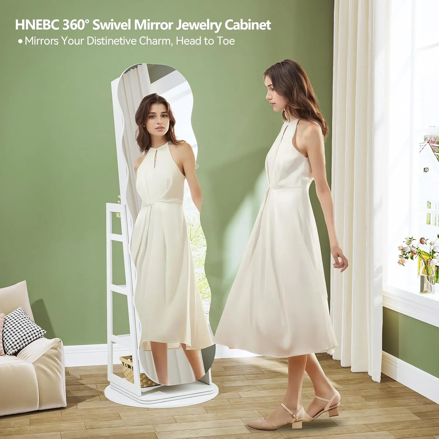 HNEBC 360 Swivel Jewelry Cabinet with Lights, LED Jewelry Armoire with Mirror, Wavy Wide Full-Length Mirror with Storage, Lockable Mirror Jewelry Cabinet Standing (White)