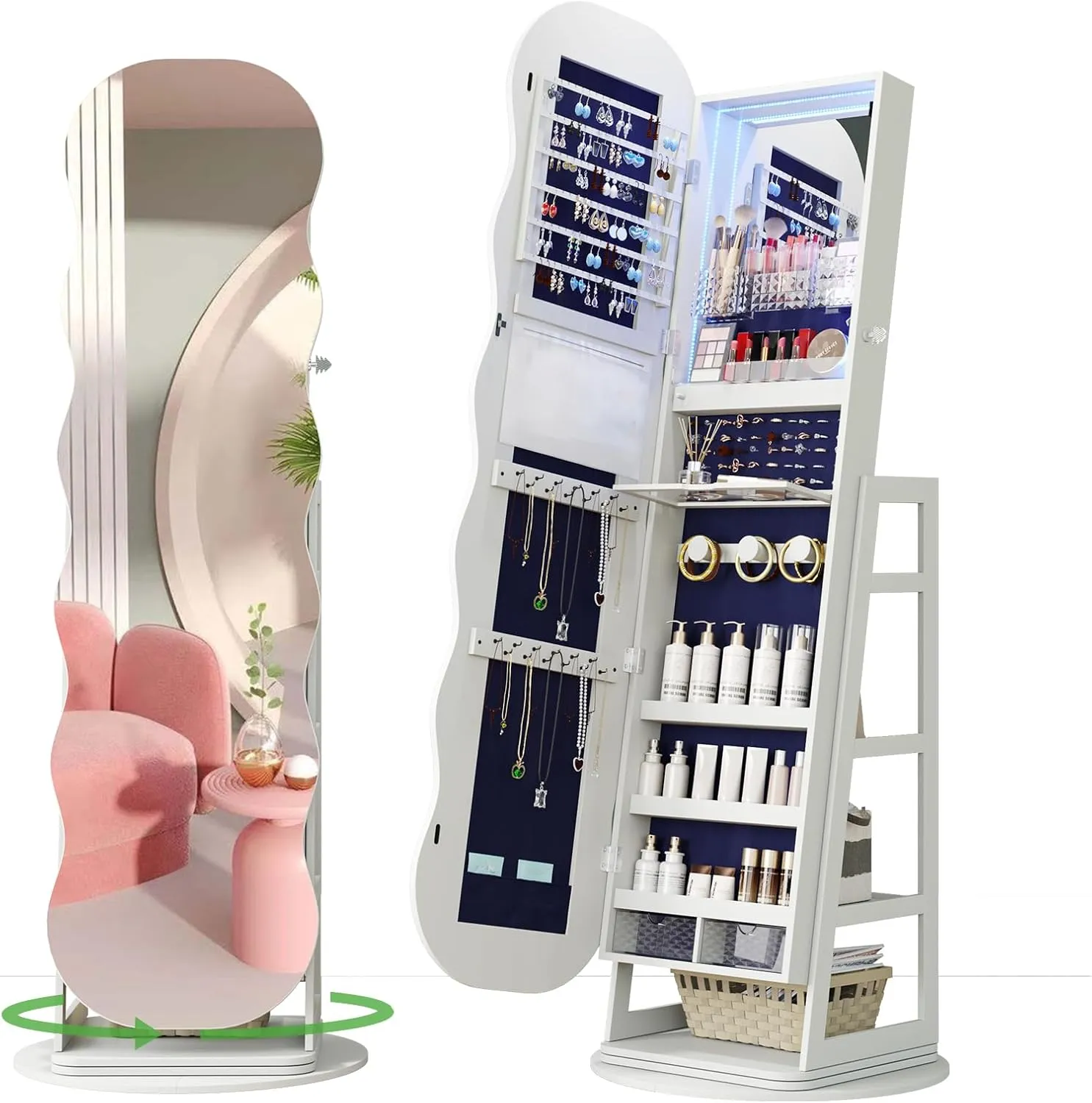 HNEBC 360 Swivel Jewelry Cabinet with Lights, LED Jewelry Armoire with Mirror, Wavy Wide Full-Length Mirror with Storage, Lockable Mirror Jewelry Cabinet Standing (White)
