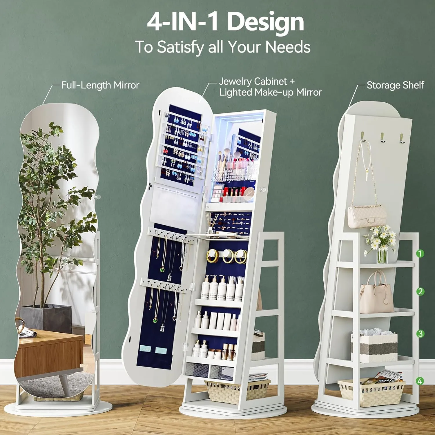 HNEBC 360 Swivel Jewelry Cabinet with Lights, LED Jewelry Armoire with Mirror, Wavy Wide Full-Length Mirror with Storage, Lockable Mirror Jewelry Cabinet Standing (White)