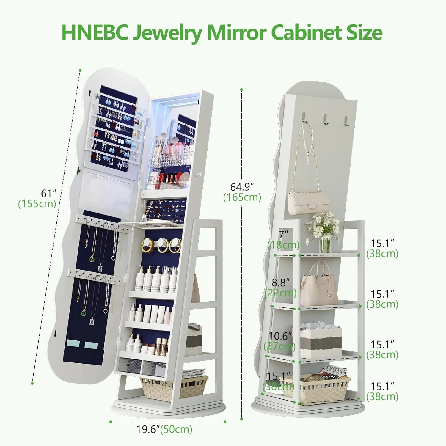 HNEBC 360 Swivel Jewelry Cabinet with Lights, LED Jewelry Armoire with Mirror, Wavy Wide Full-Length Mirror with Storage, Lockable Mirror Jewelry Cabinet Standing (White)