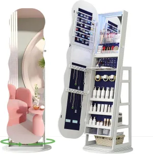HNEBC 360 Swivel Jewelry Cabinet with Lights, LED Jewelry Armoire with Mirror, Wavy Wide Full-Length Mirror with Storage, Lockable Mirror Jewelry Cabinet Standing (White)