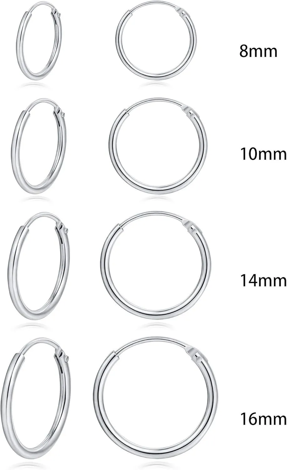 Hoop Earring 14K White Gold Plated S925 Sterling Silver Endless Small Hoop Earring Set for Cartilage Nose Lip Rings 8mm-16mm