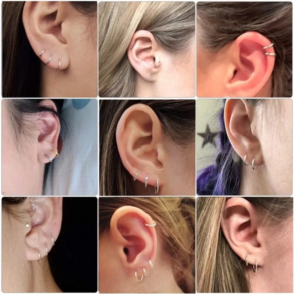 Hoop Earring 14K White Gold Plated S925 Sterling Silver Endless Small Hoop Earring Set for Cartilage Nose Lip Rings 8mm-16mm