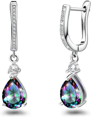Hoop Earrings with Dangle Charm for Women Sterling Silver Small Mystic Rainbow Topaz Earrings Multicolor CZ Quartz Teardrop Pear Drop Huggie Earrings Gift for Daughter Mother Birthday