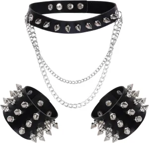 hoyuwak 3Pcs Leather Spike Choker Studded Bracelet Cuffs Set Gothic Rivet Collar Wristbands Puck Accessories for Men Women Rock
