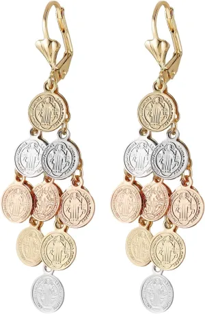 HZMAN 14K Gold Plated St Benedict Dangle Drop Earring for Women Retro Religious Dainty Multilayer Tassels Earrings Jewelry Gift