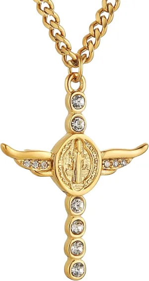HZMAN Gold Saint Benedict Cross Necklace for Women Stainless Steel Retro Cubic Zirconia Cross Pendant Jewelry Gift