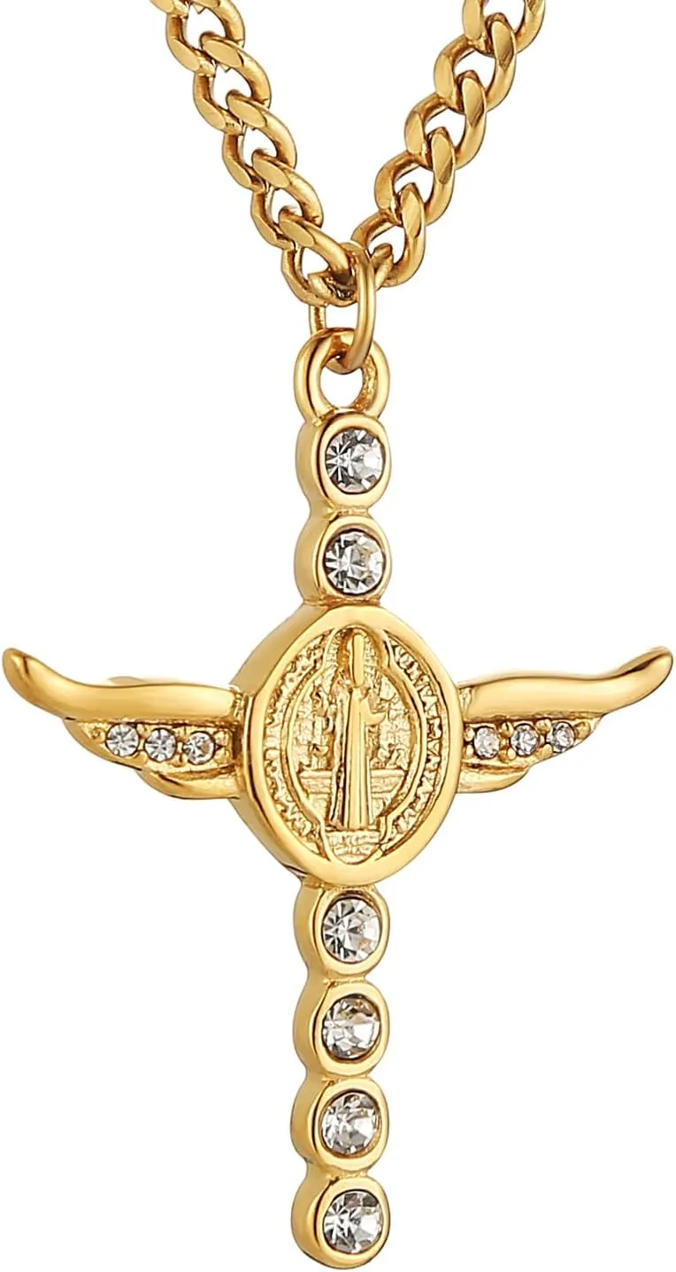 HZMAN Gold Saint Benedict Cross Necklace for Women Stainless Steel Retro Cubic Zirconia Cross Pendant Jewelry Gift