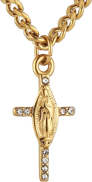 HZMAN Small Gold Cross Necklace for Women Stainless Steel Virgin Mary Cubic Zirconia Cross Pendant Jewelry Gift